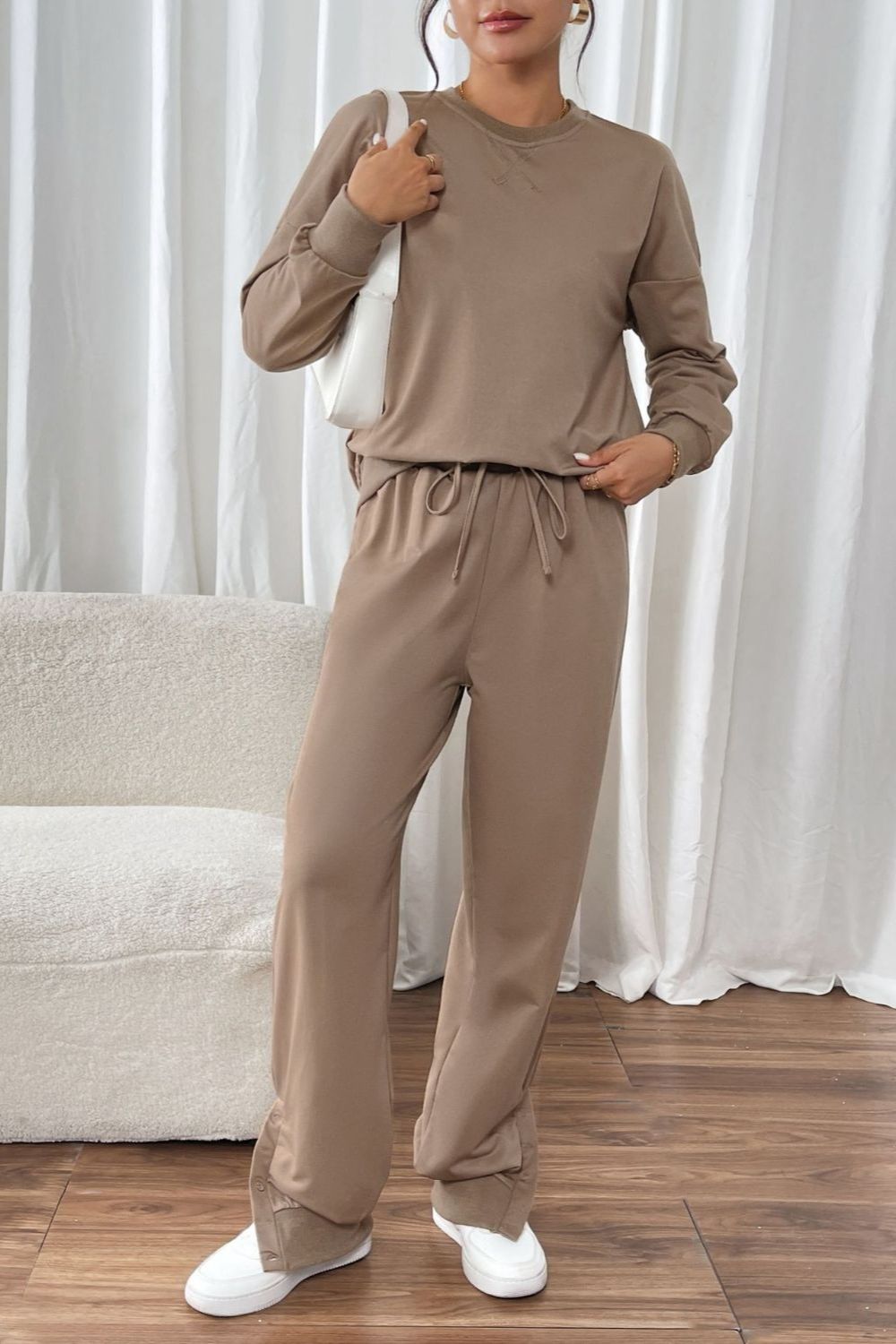 Round Neck Long Sleeve Top and Pants Set