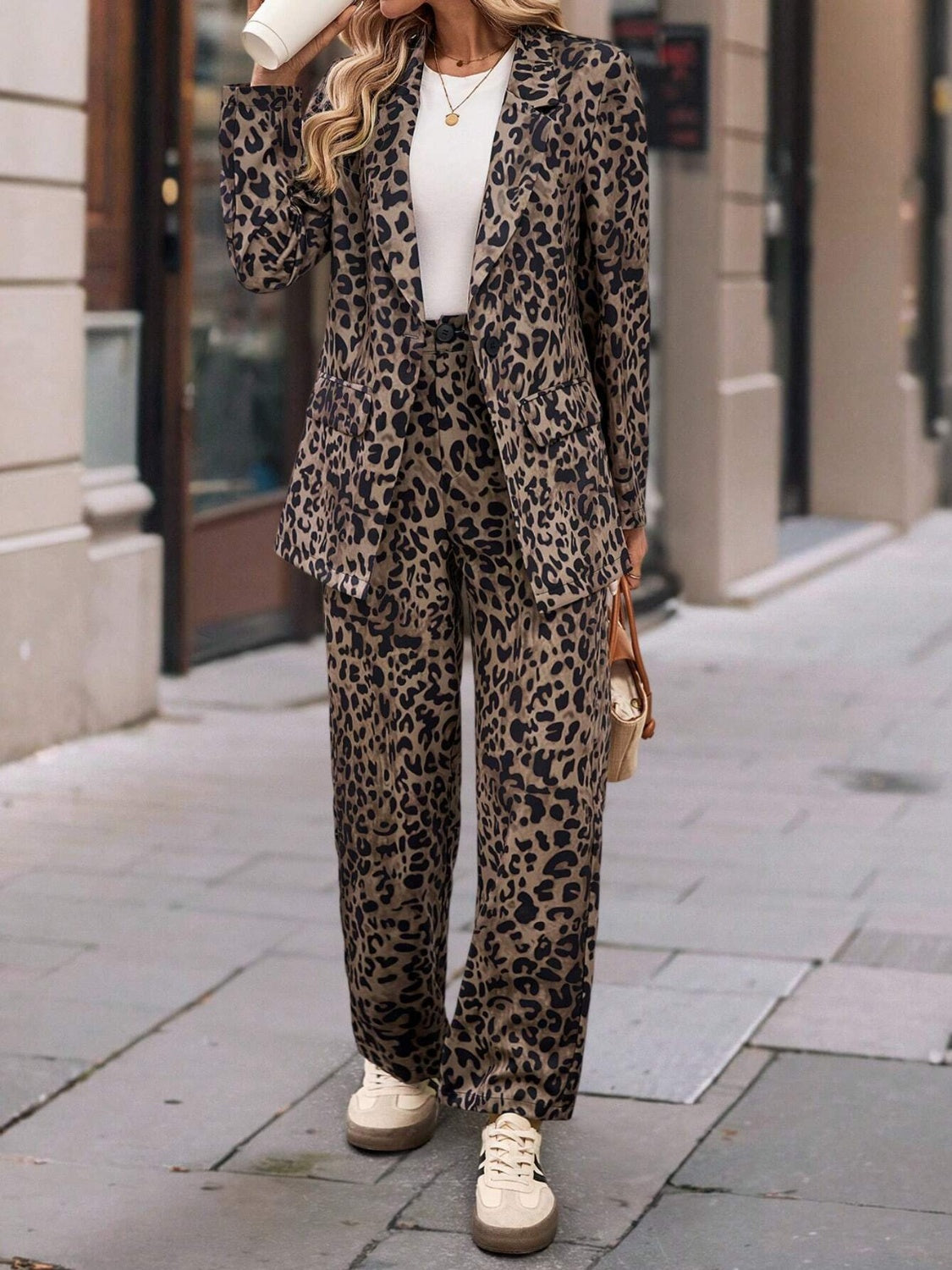 Leopard Lapel Collar Long Sleeve Blazer and Pants Set