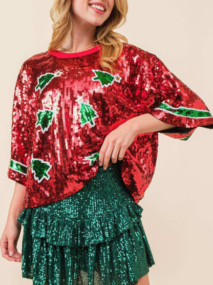 Sequin Round Neck Half Sleeve Top