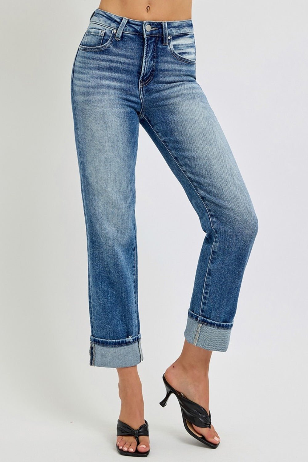 RISEN High Rise Crop Straight Roll Up Jeans