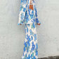 Printed Collared Neck Long Sleeve Top and Pants Lounge Set