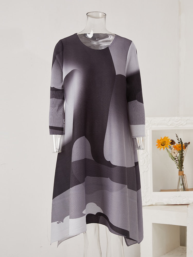 Miyake Pleated Contrast Print Midi Dress