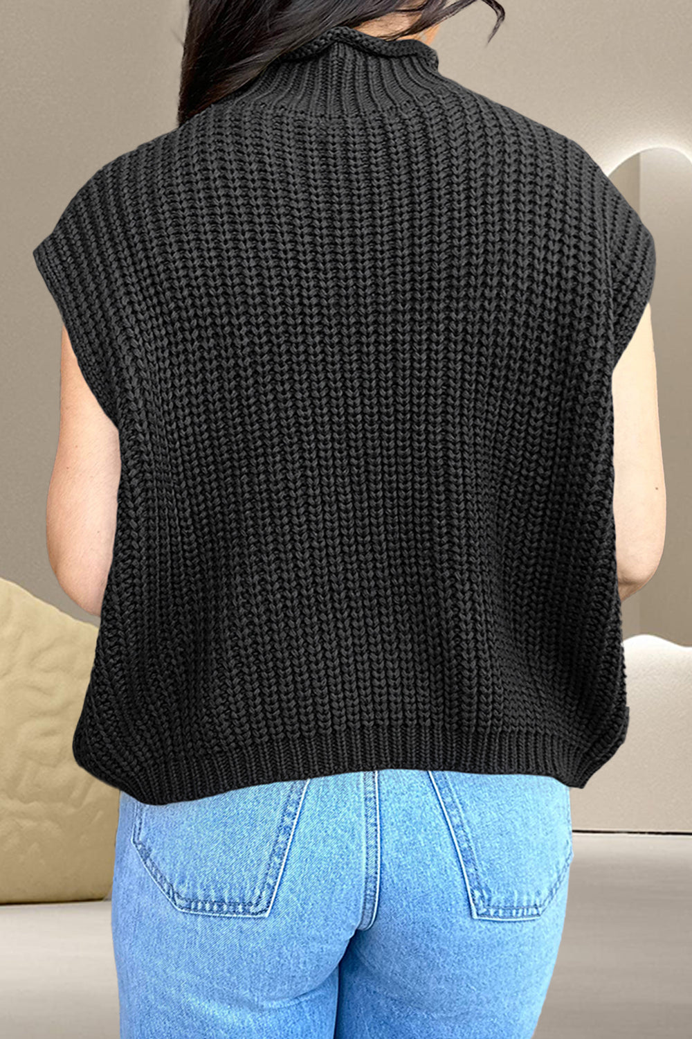 Cable-Knit Mock Neck Cap Sleeve Sweater