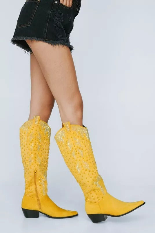 Rhinestone Studded Faux Suede Knee-High Boots