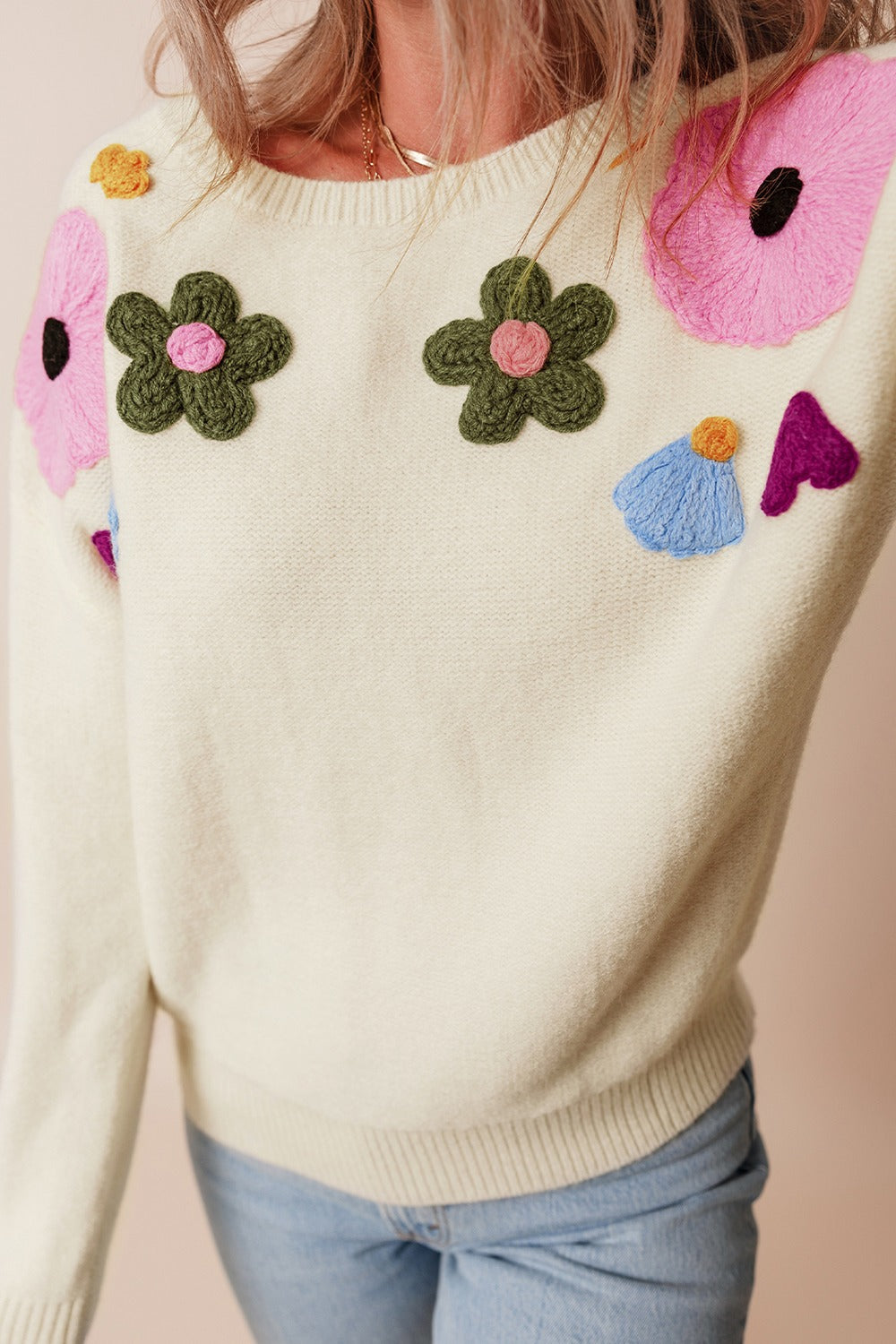 Crochet Flower Round Neck Dropped Shoulder Sweater