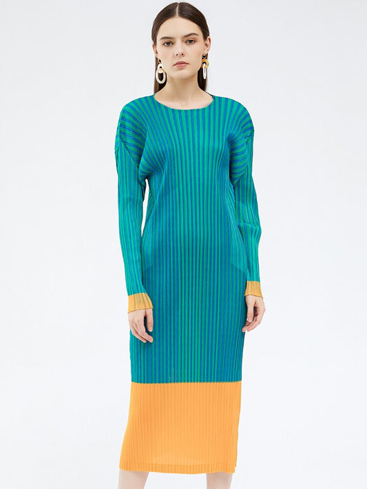 Miyake Pleated Striped Long Sleeves Midi Dress