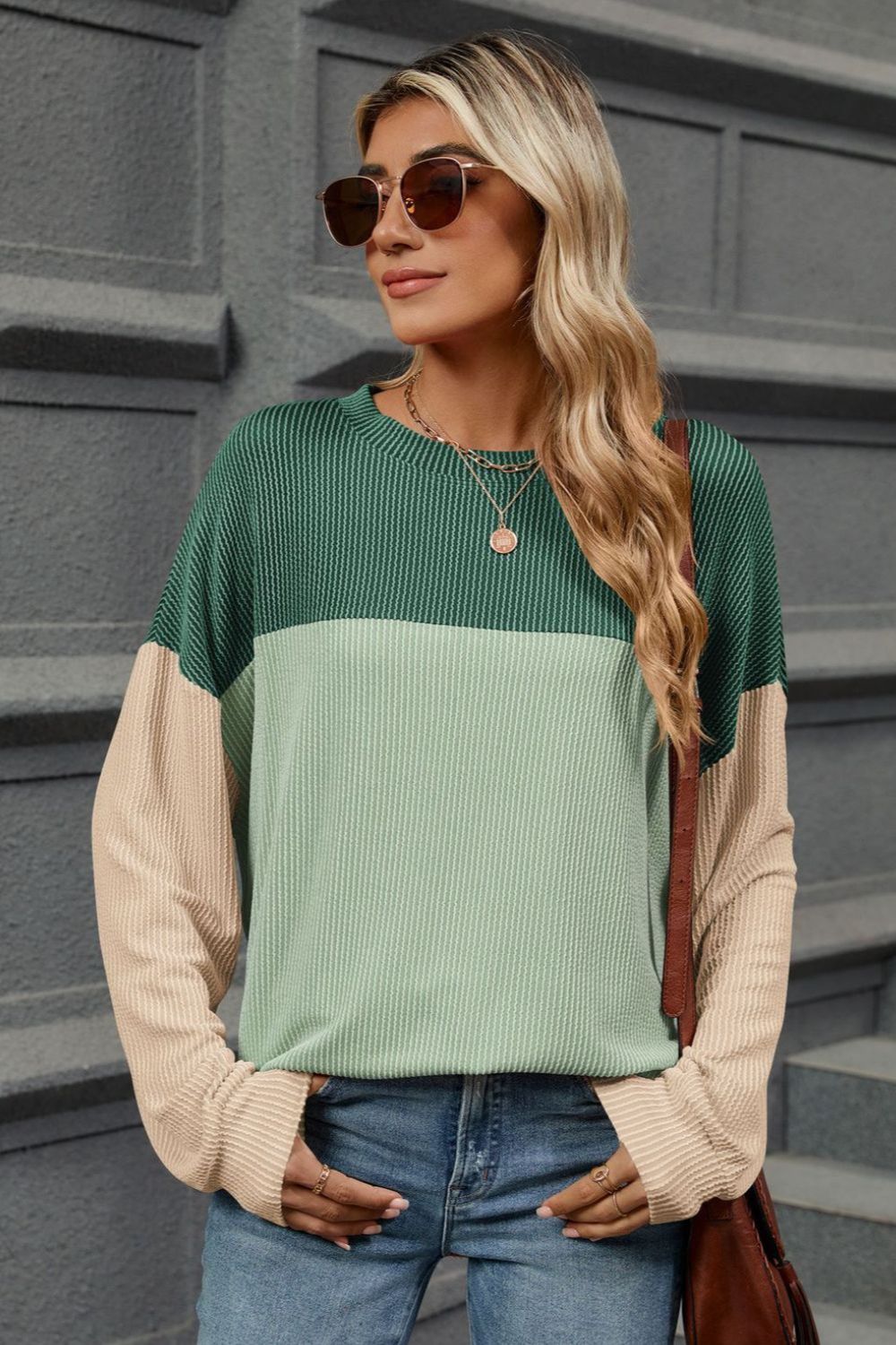 Contrast Round Neck Long Sleeve T-Shirt