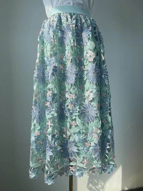 Floral Embroidered Hollow Out Long Skirt