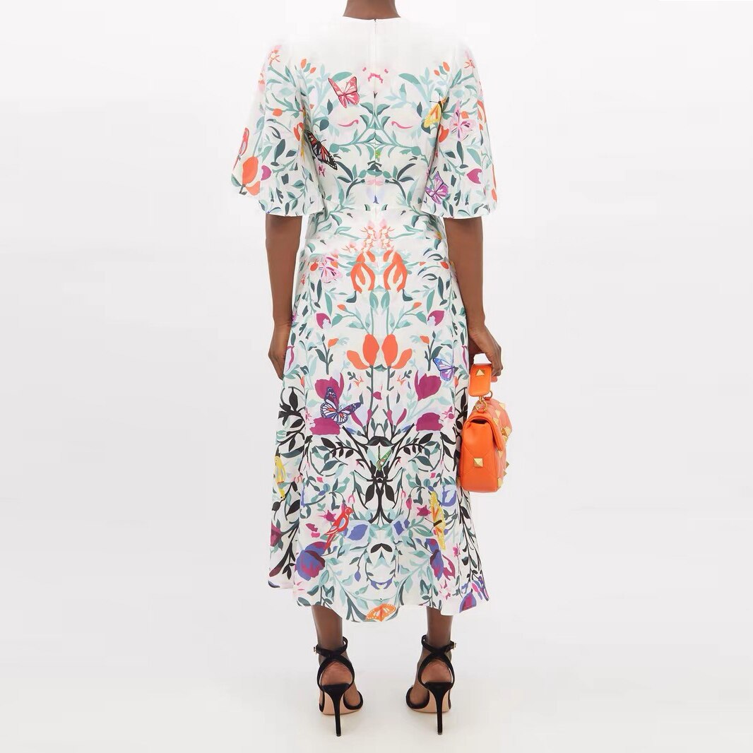 Floral Print O-Neck Prairie Chic Midi Dress