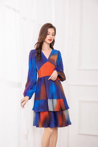 Pleated V-Neck Long Sleeve Layered Dress