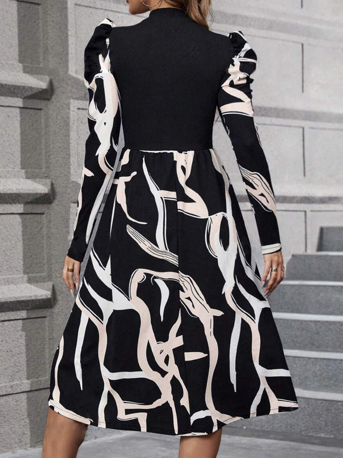 Printed Mock Neck Puff Sleeve Midi Dress