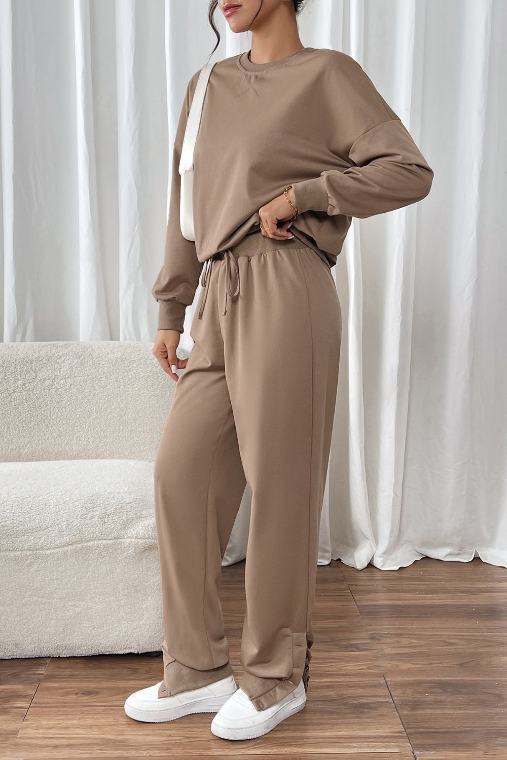 Round Neck Long Sleeve Top and Pants Set