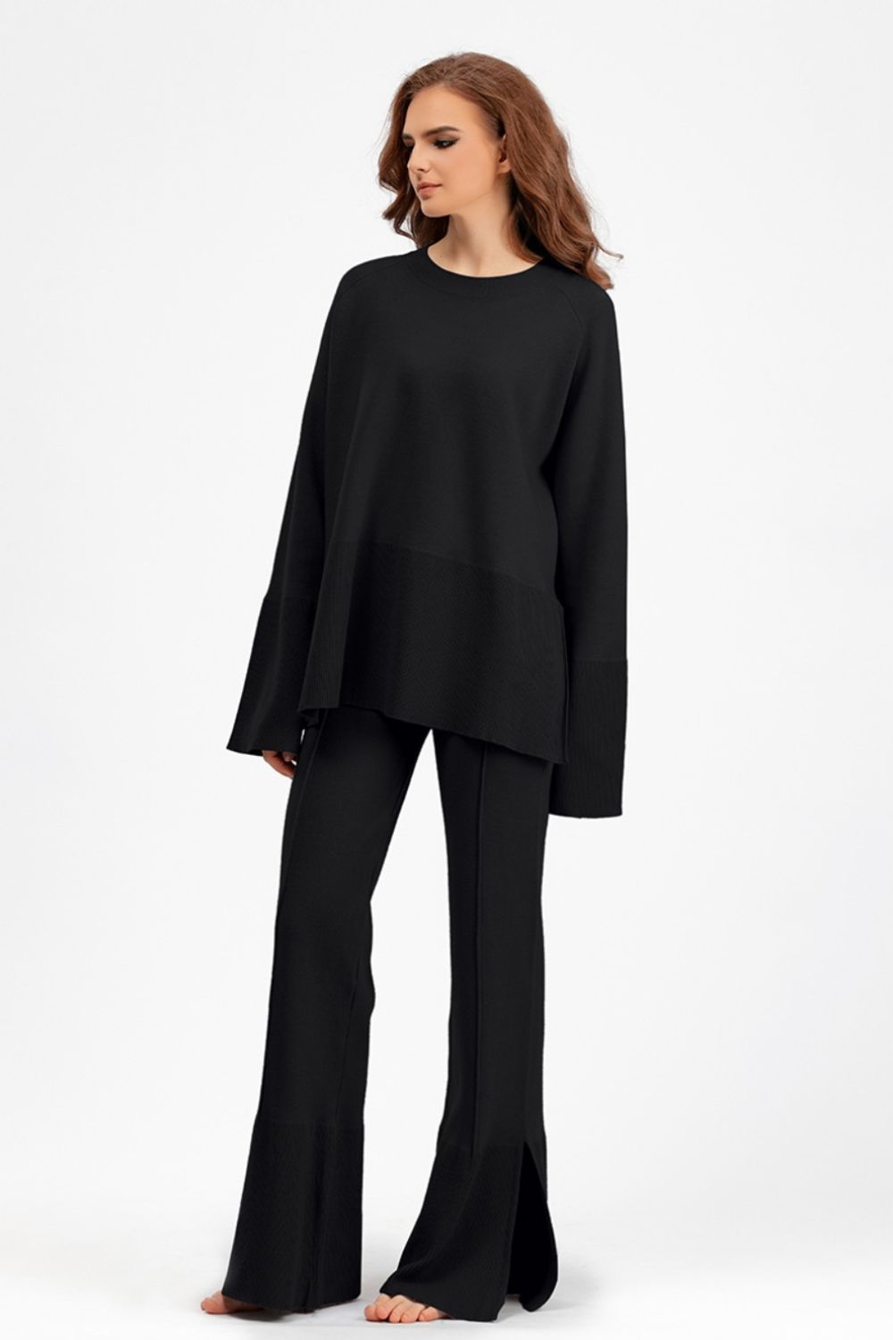 Slit Round Neck Long Sleeve Top and Drawstring Pants Sweater Set