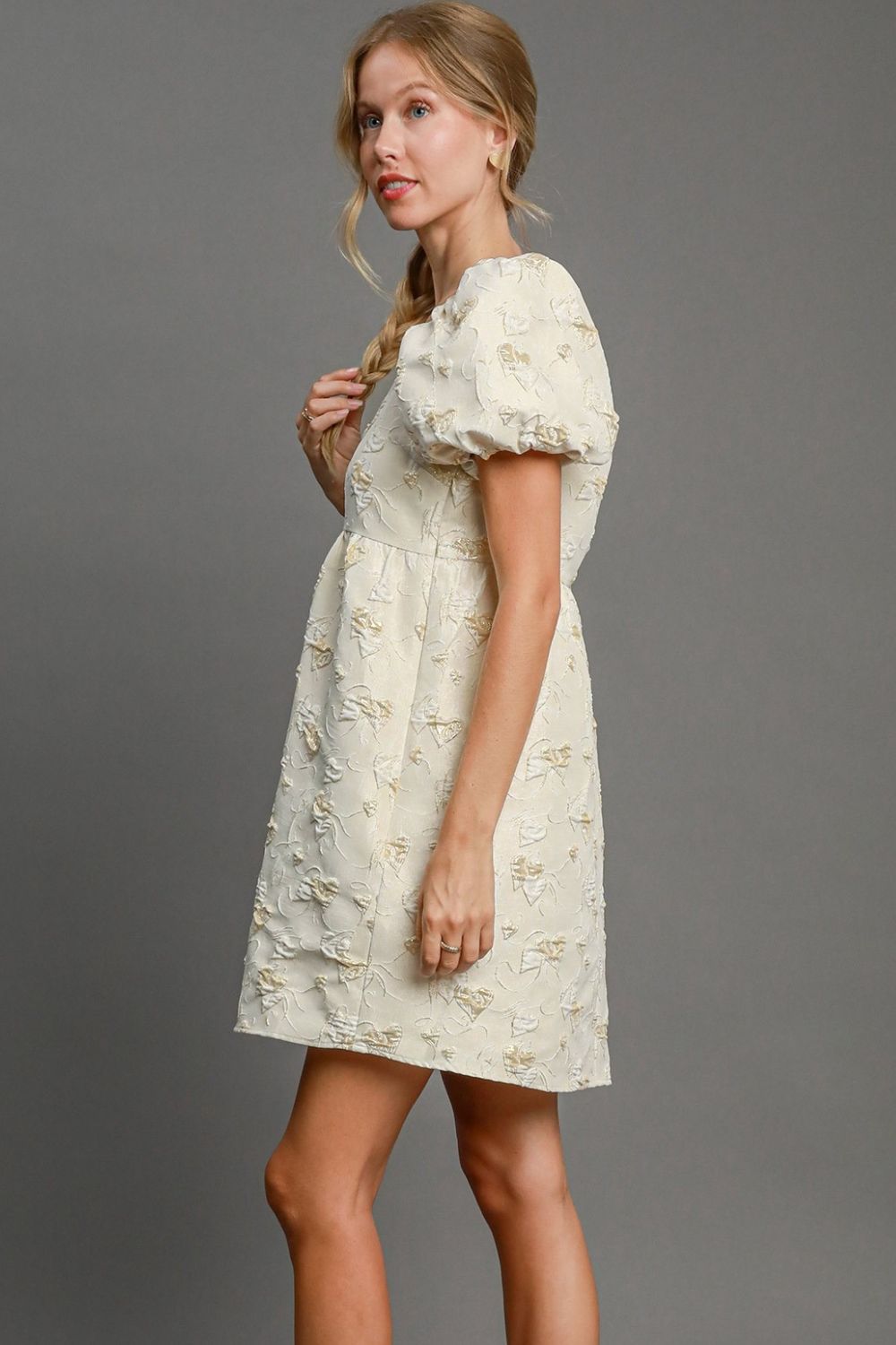 Heart Jacquard Square Neck Puff Sleeve Mini Dress