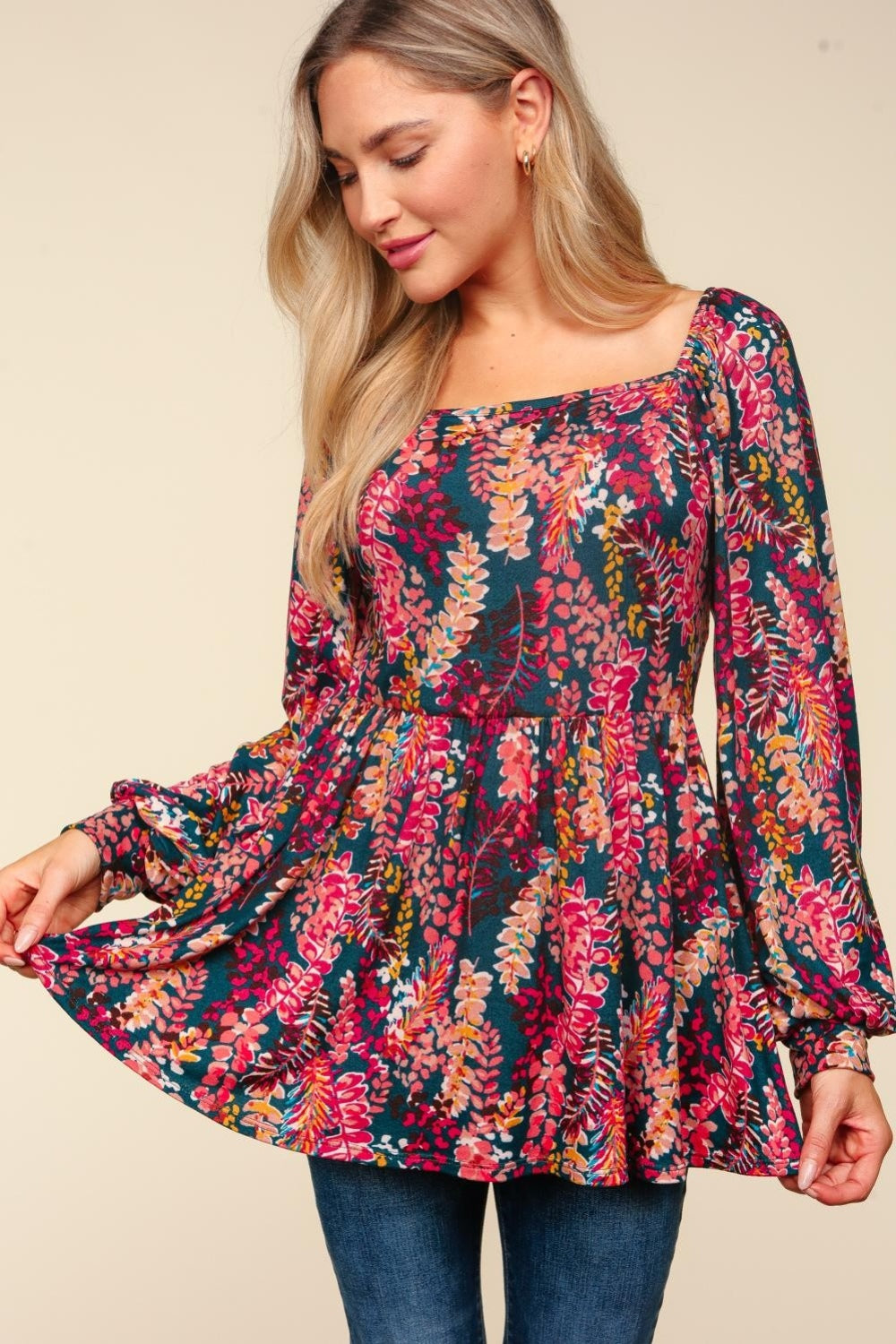 Peplum Floral Square Neck Blouse