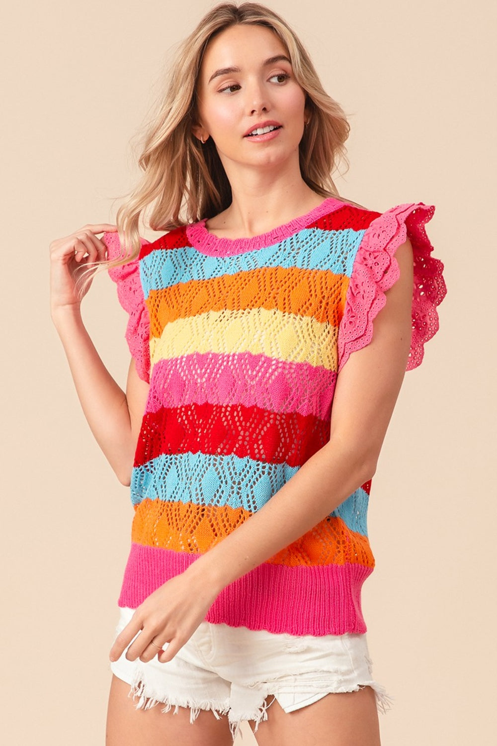 Pointelle Striped Ruffled Knit Top
