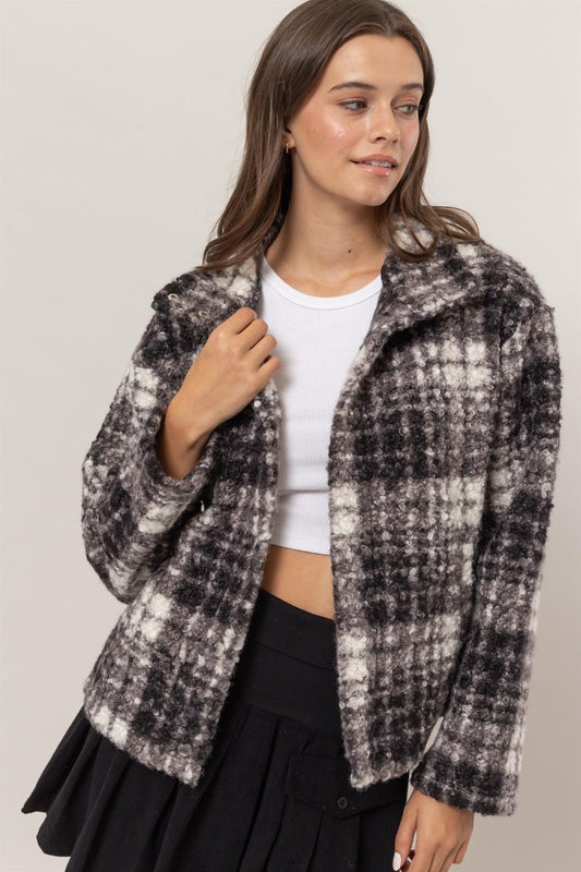 Plaid Collared Neck Boucle Jacket with Pockets