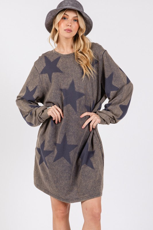 Washed Star Print Round Neck Dress