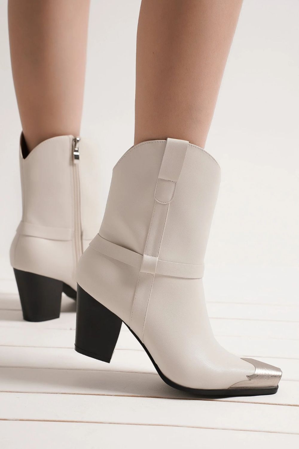 Faux Leather Metal Toe Ankle Boots