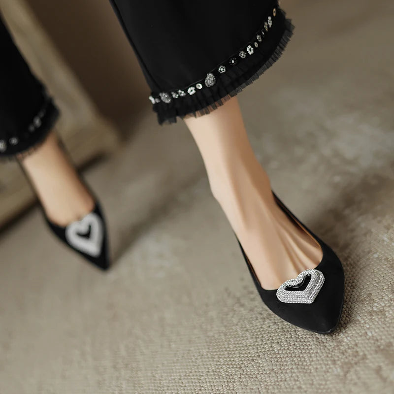 Crystal Heart Pointed Toe Button Heel Shoes