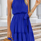 Ruched Grecian Neck Tie Waist Mini Dress