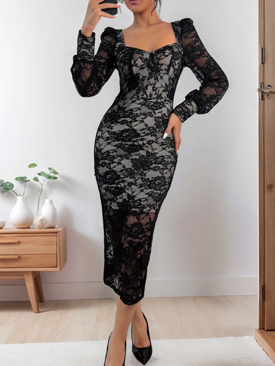 Lace Sweetheart Neck Long Sleeve Midi Dress