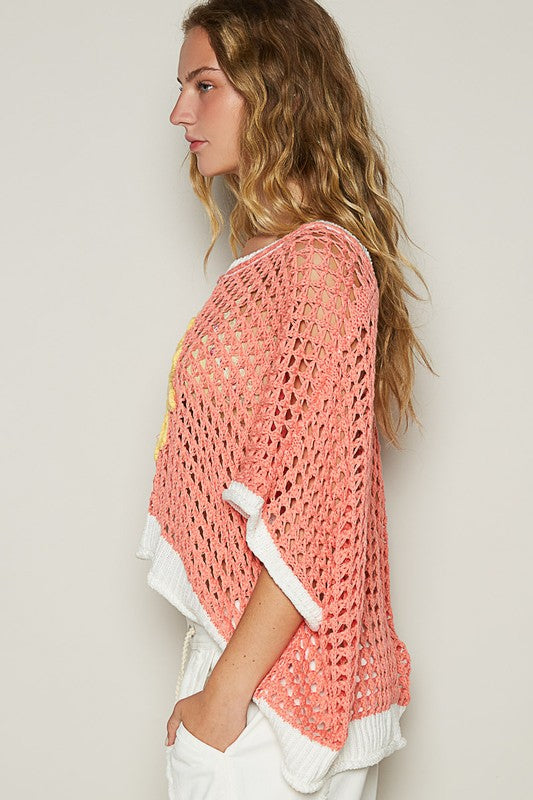 Hollow Out Flower Half Sleeve Knit Cover Up