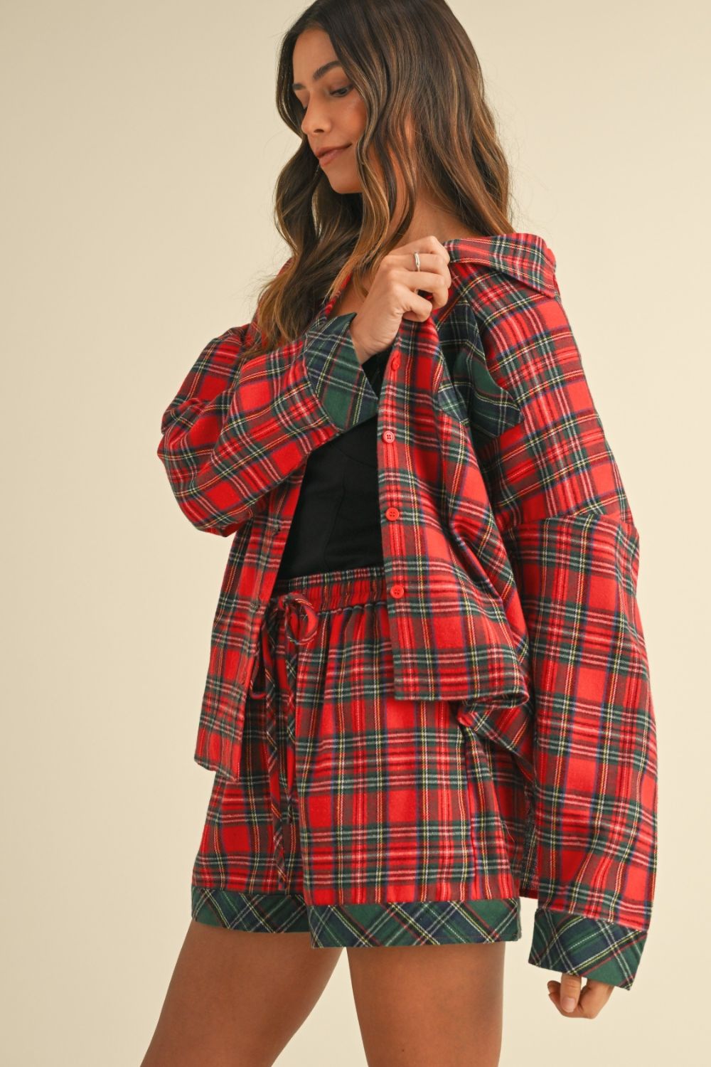 Contrast Plaid Long Sleeve Top and Shorts Set