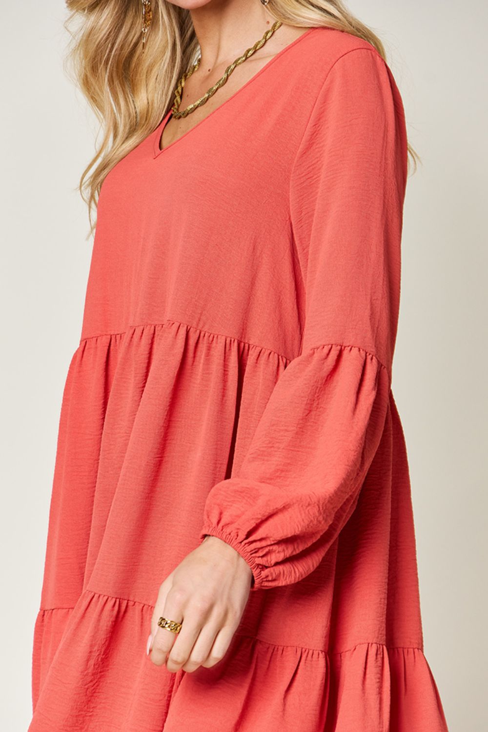 V-Neck Balloon Sleeve Tiered Dress