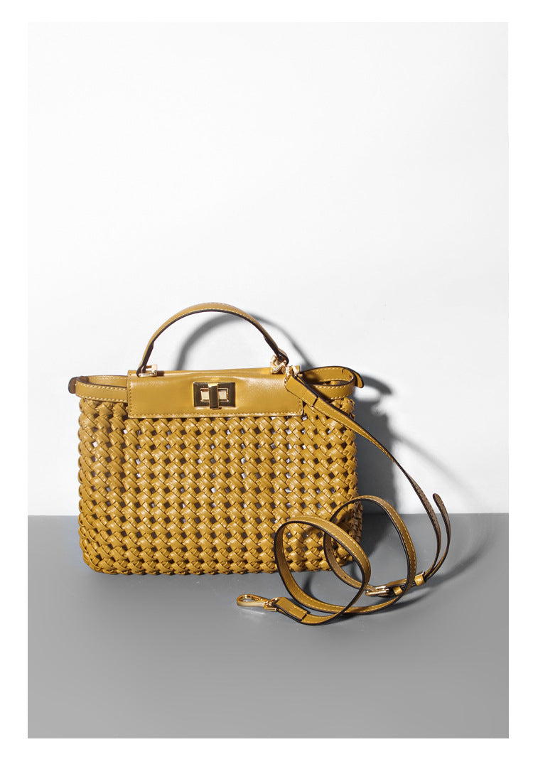 PU Woven Hollow Out Shoulder Handbag