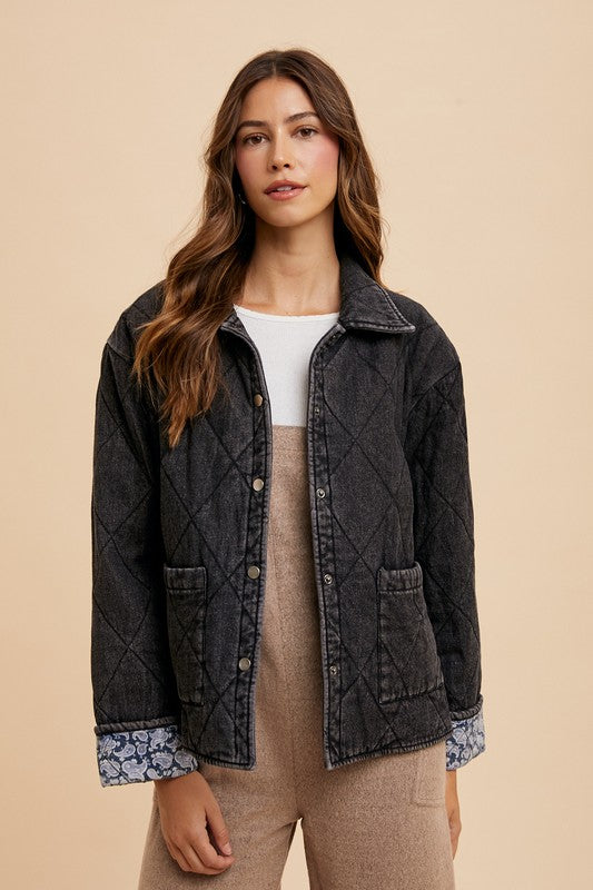 Quilted Printed Lining Snap Down Denim Jacket