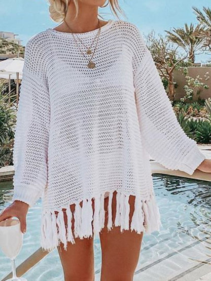 Openwork Tassel Hem Long Sleeve Knit Cover Up