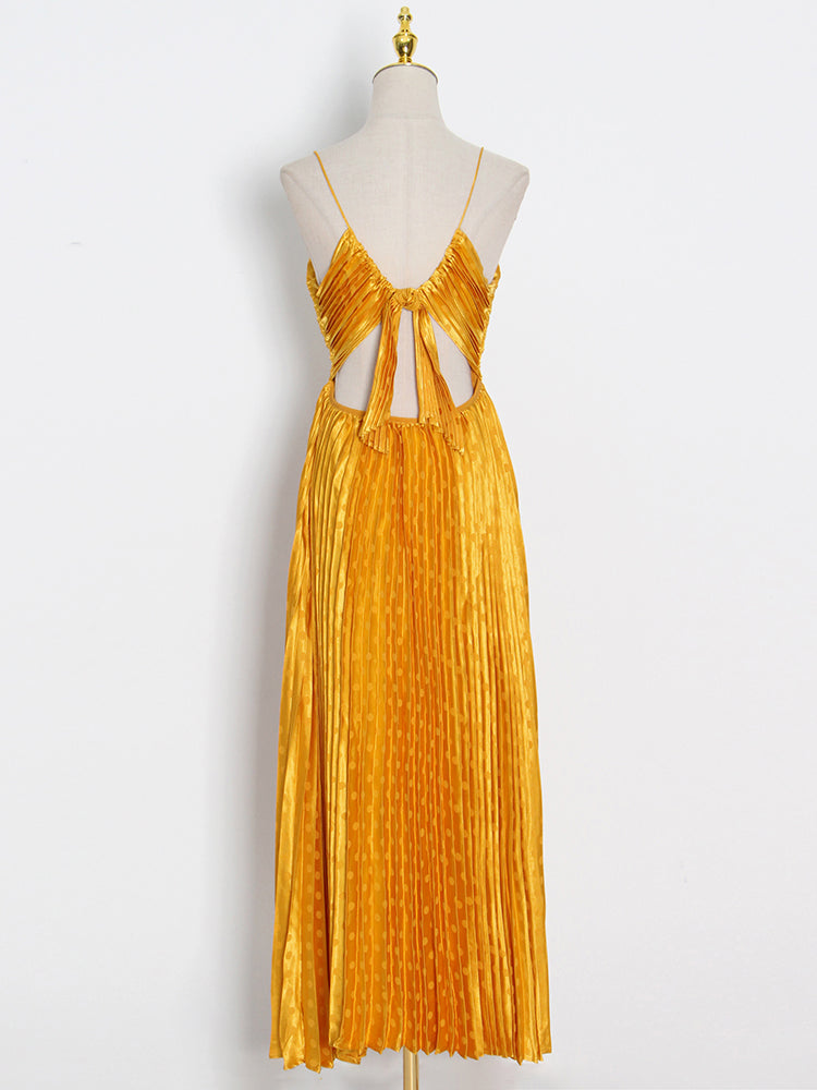 Pleated V-Neck Sleeveless A-Line Dress