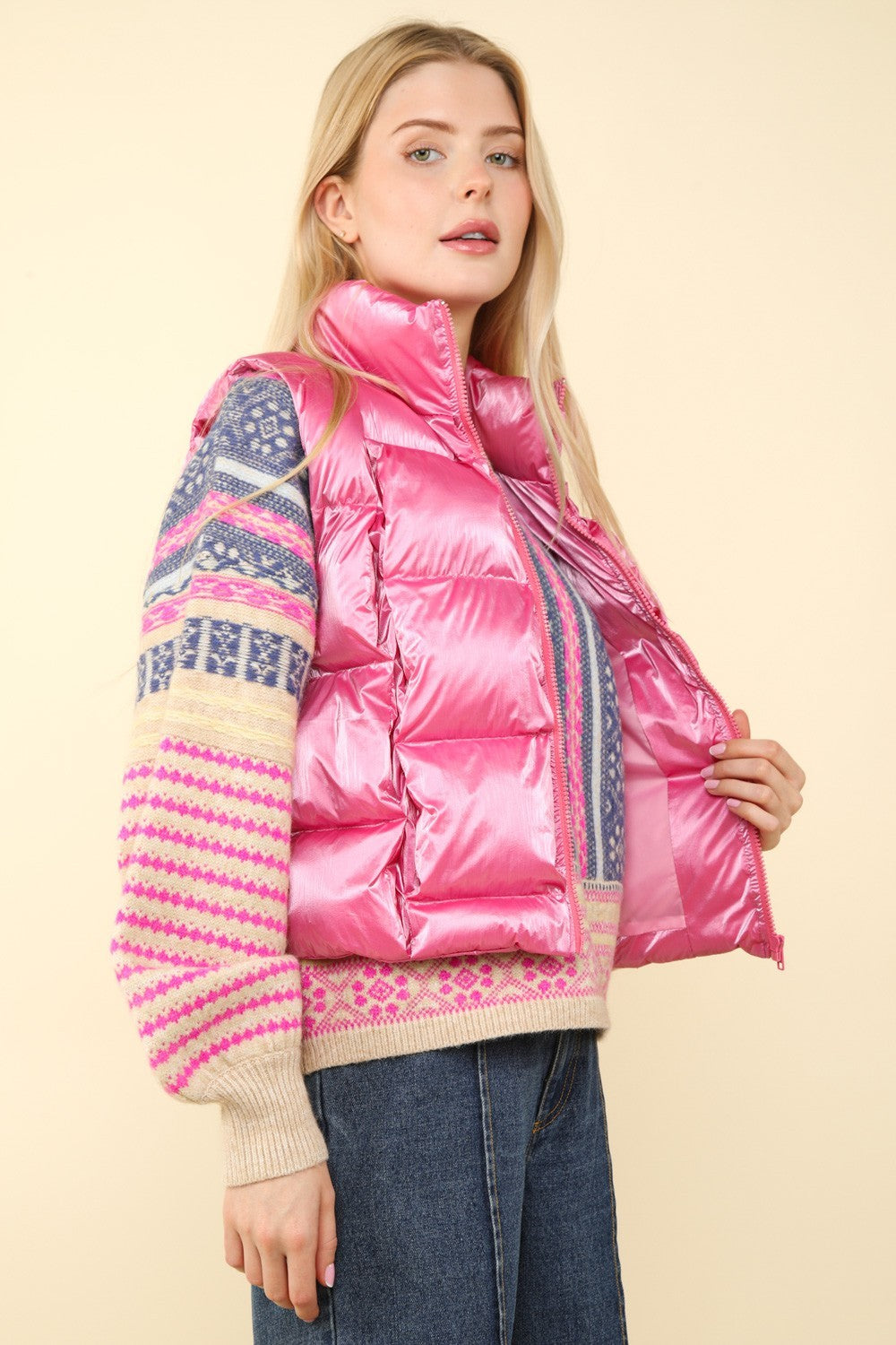 Shiny Metallic Zip Up Puffer Vest