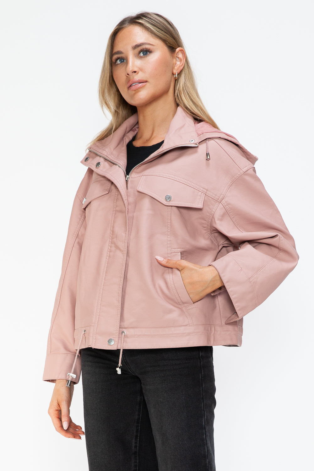 Drawstring Hem PU Leather Zip Up Jacket