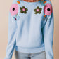 Crochet Flower Round Neck Dropped Shoulder Sweater