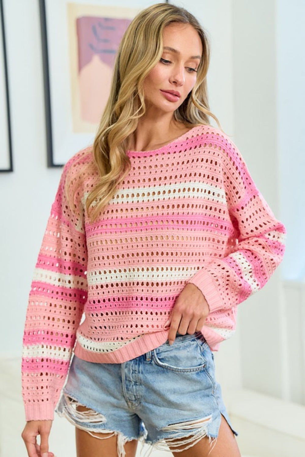 Striped Long Sleeve Openwork Knit Top