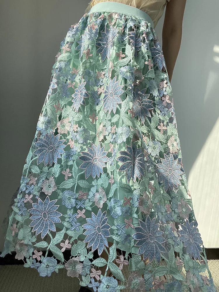 Floral Embroidered Hollow Out Long Skirt