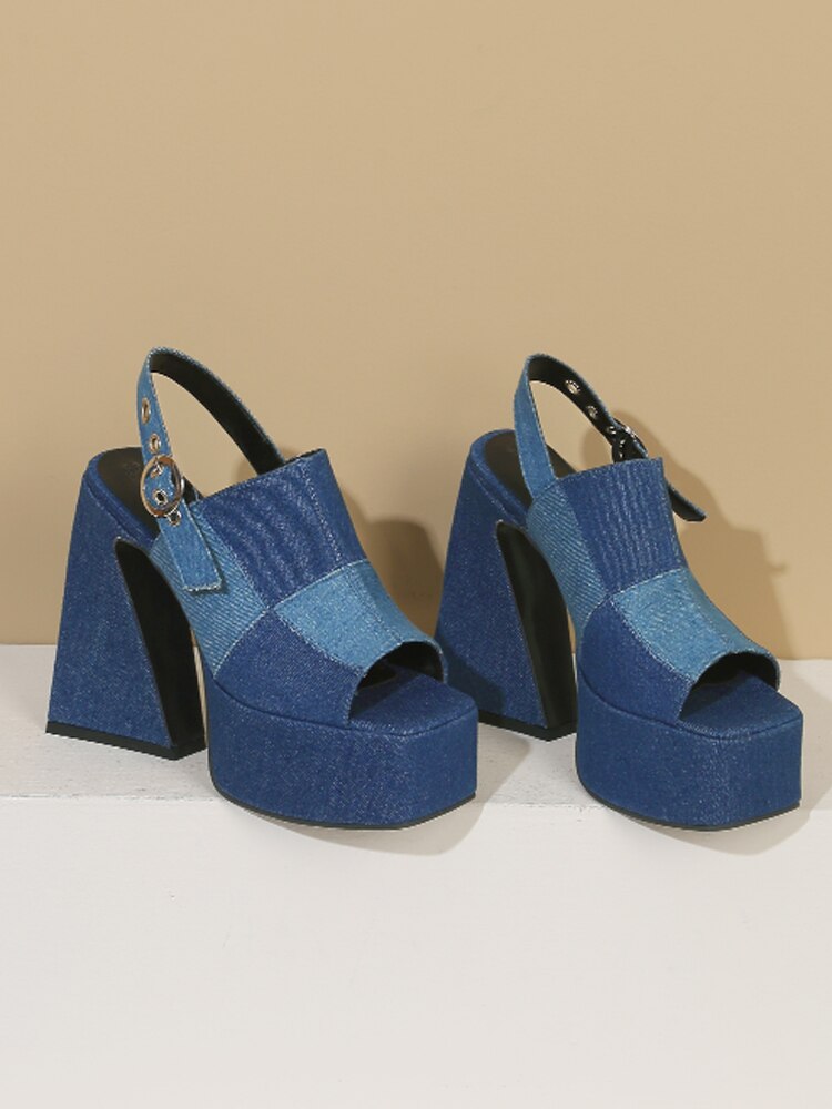 Spliced Denim High Heel Platform Sandals