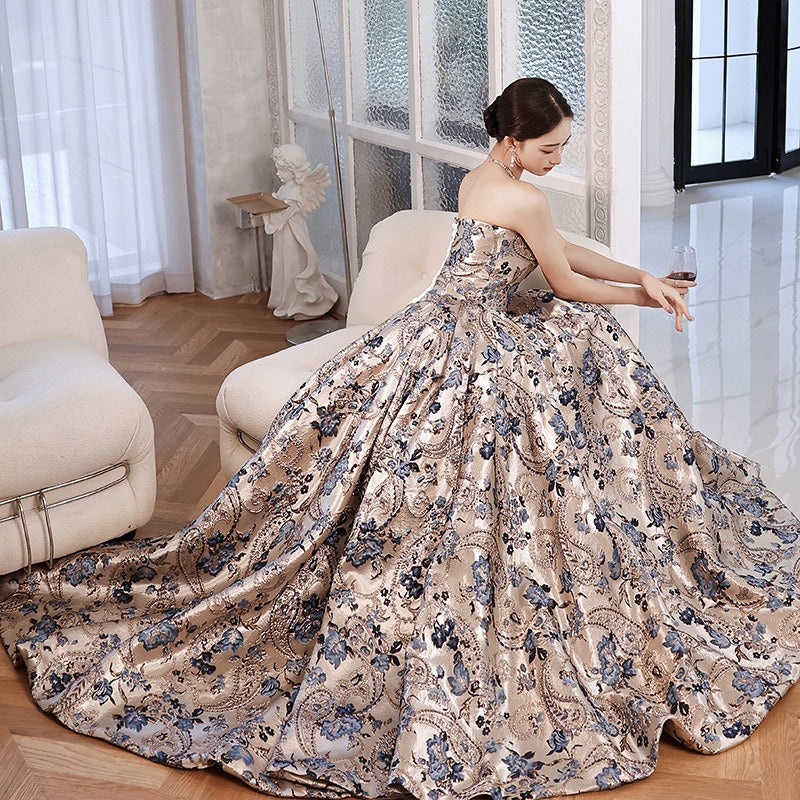 Jacquard Print Strapless Evening Dress