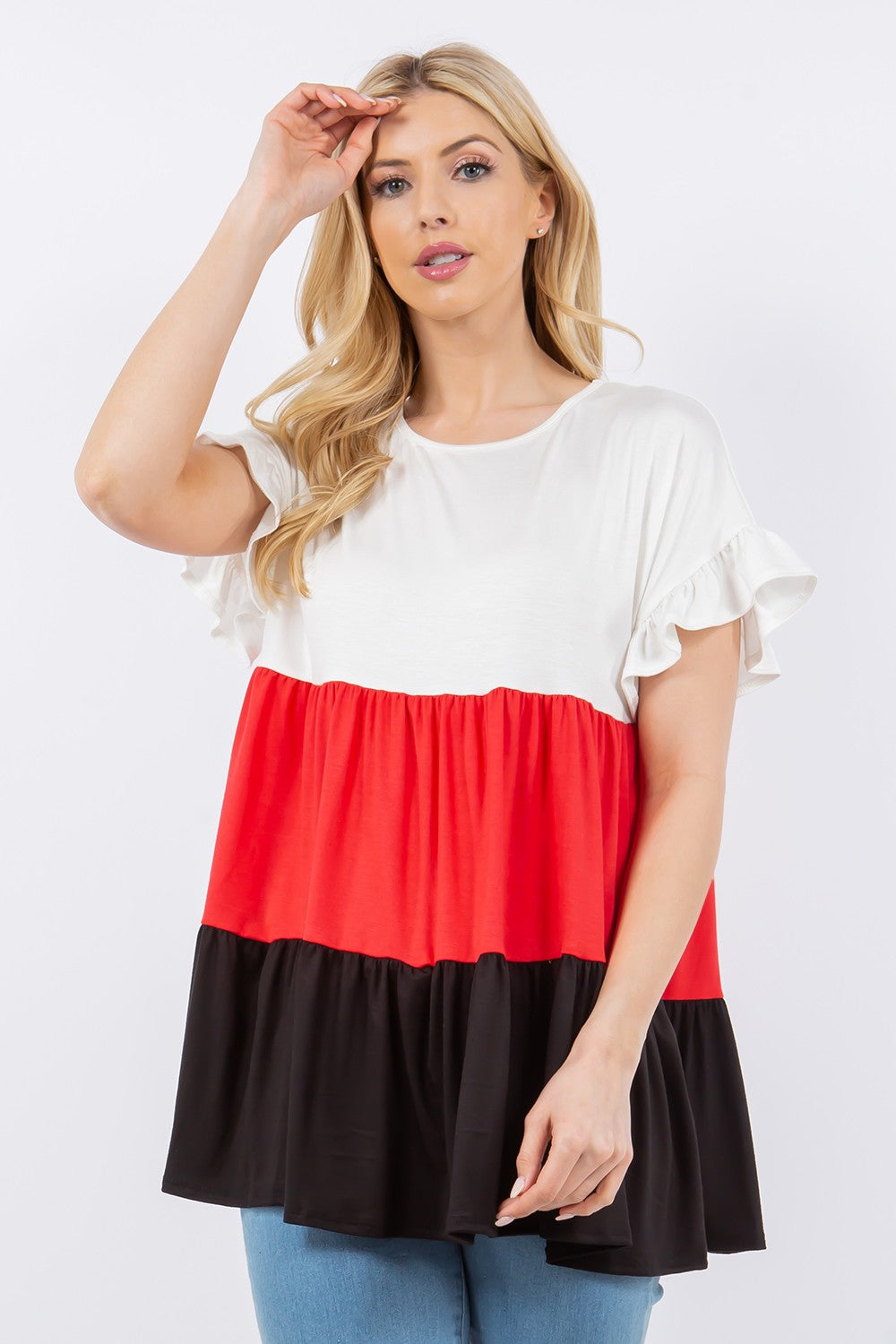 Color Block Ruffled Short Sleeve Top