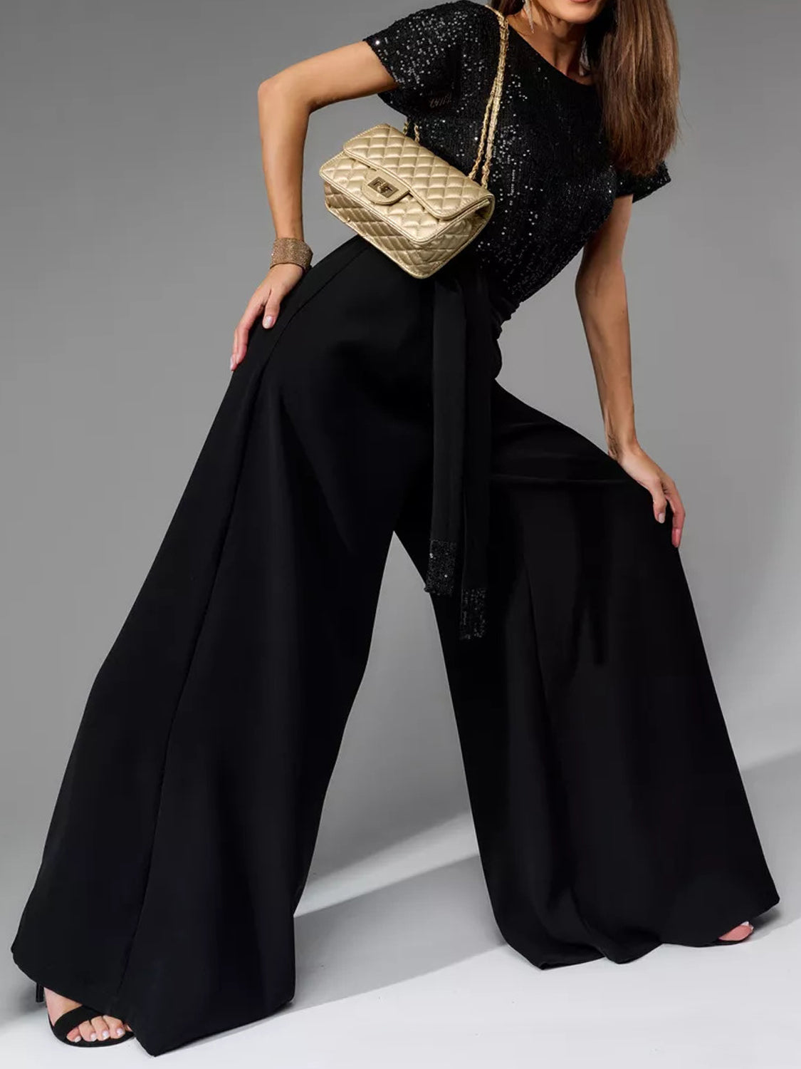 Sequin Round Neck Short Sleeve Wide Leg Jumpsuit