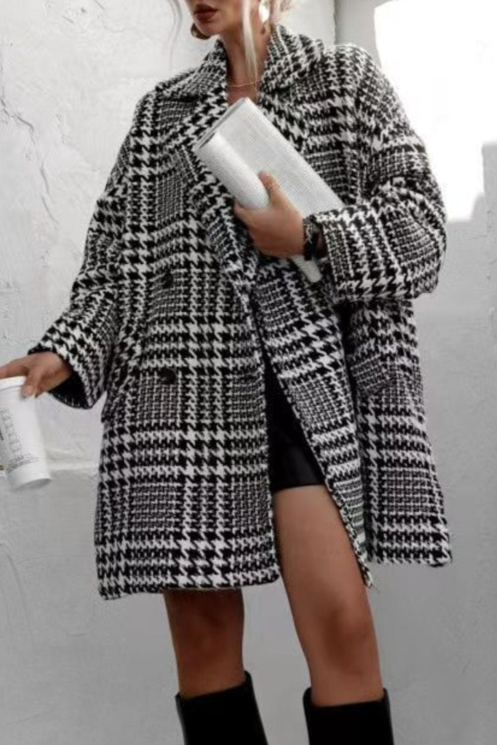 Houndstooth Collared Neck Long Sleeve Coat with Pockets