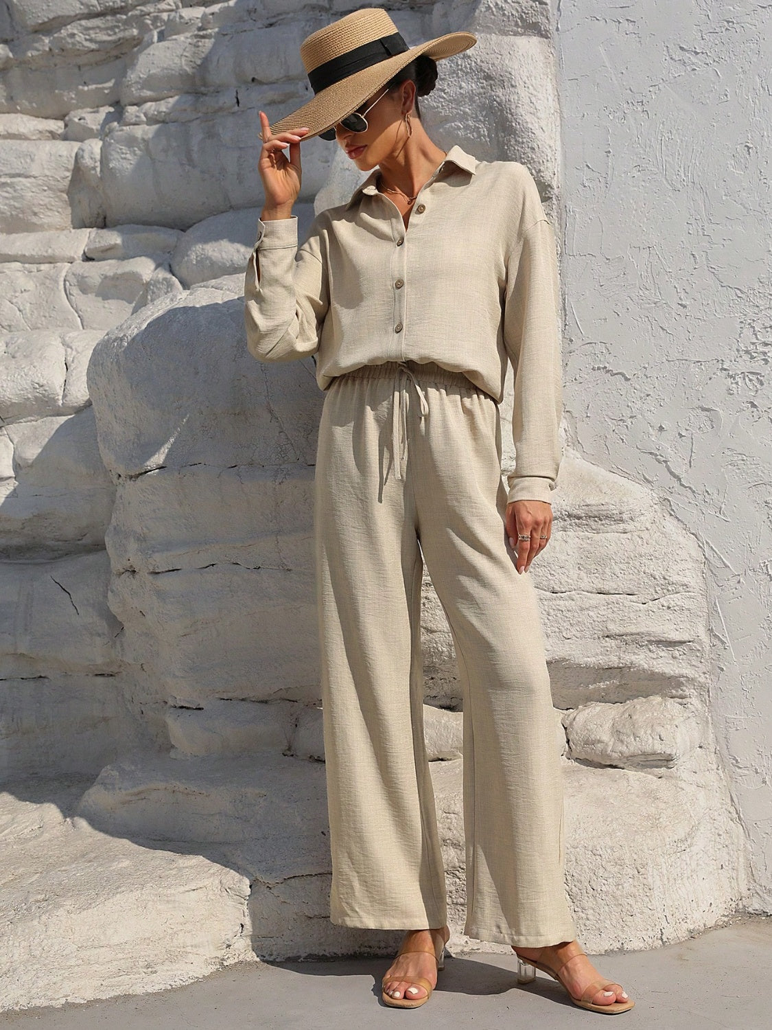 Button Up Long Sleeve Top and Pants Set