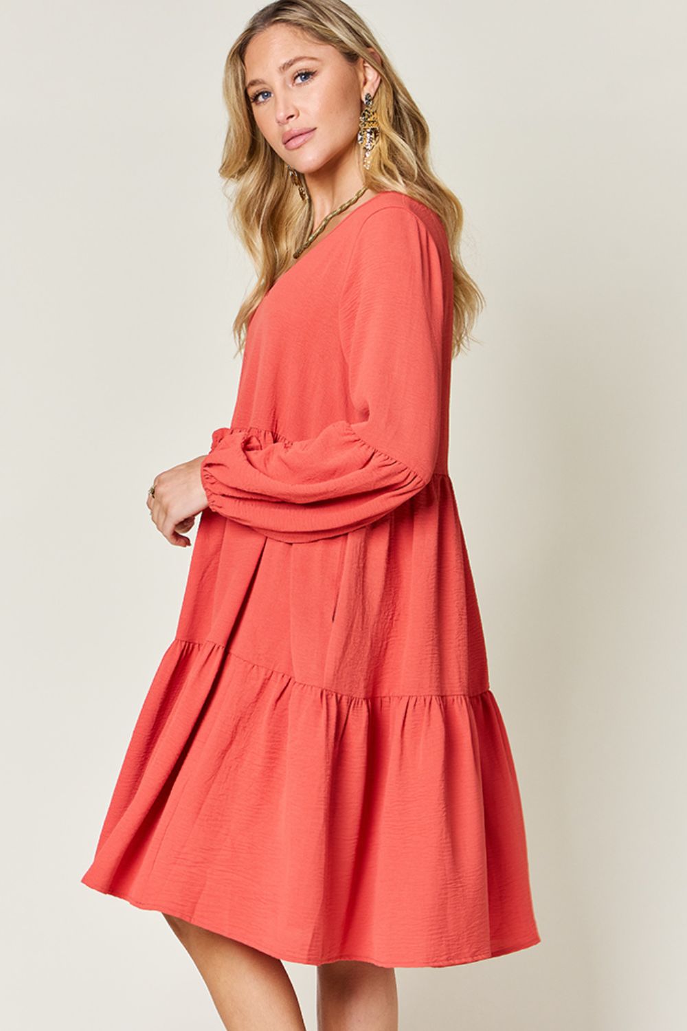 V-Neck Balloon Sleeve Tiered Dress