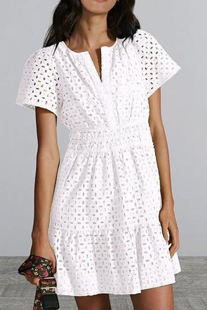 Eyelet Notched Short Sleeve Mini Dress