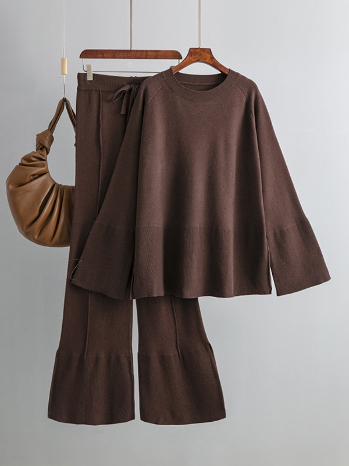 Slit Round Neck Long Sleeve Top and Drawstring Pants Sweater Set