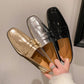 Full leather loafers square toe gold and silver glossy cowhide deep cut single shoe for women