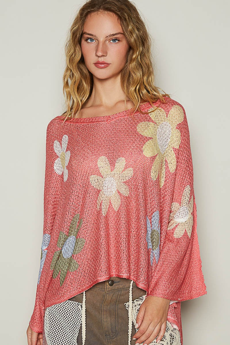 Flower Dropped Shoulder Long Sleeve Knit Top