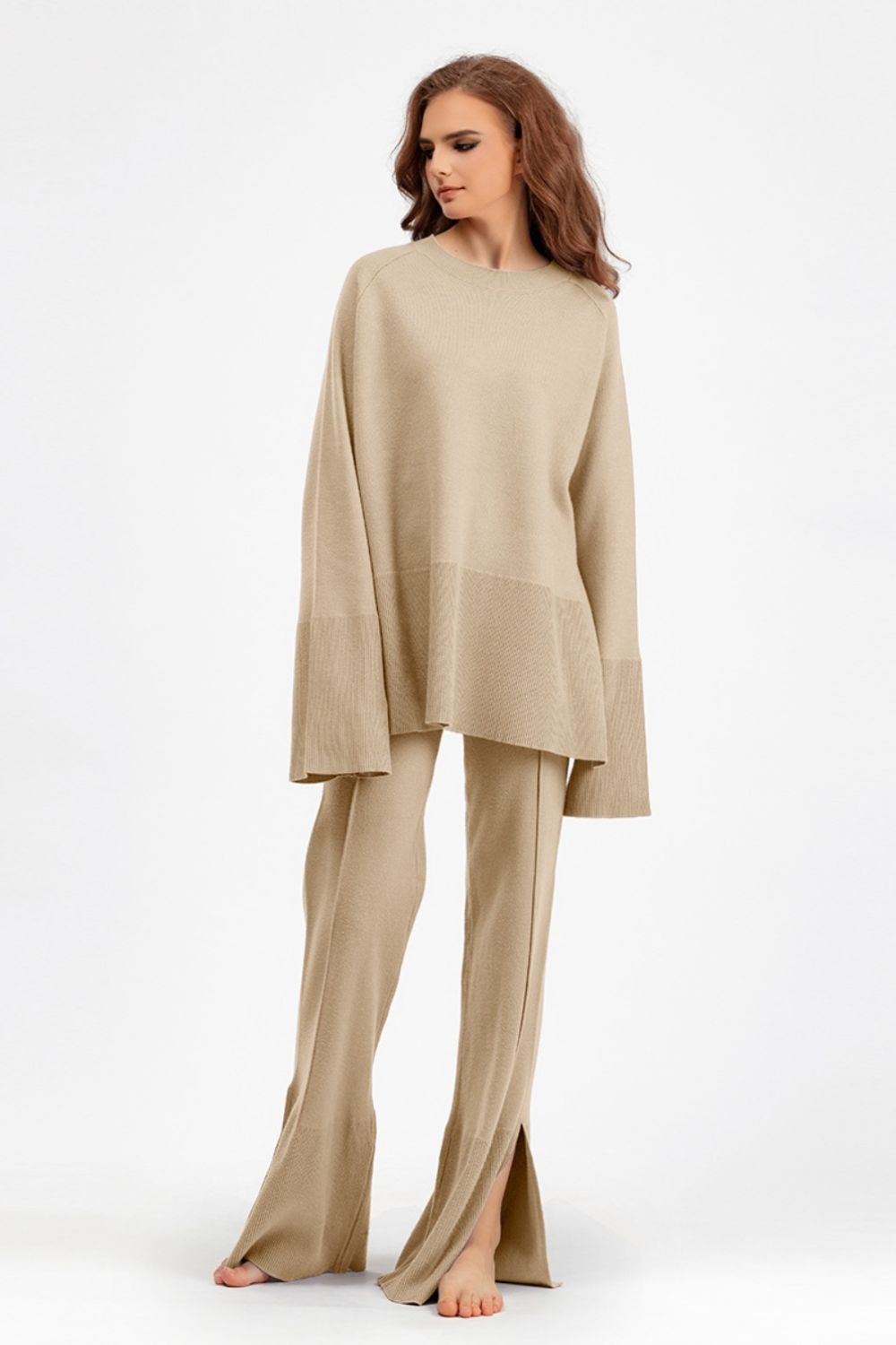 Slit Round Neck Long Sleeve Top and Drawstring Pants Sweater Set